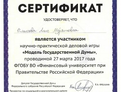 Сертификат участника деловой игры &quot;Модель ГД РФ&quot;